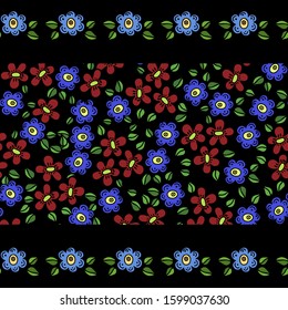 Seamless vector floral pattern. Chintz fabric. Small, cute flowers with leaves, flowers are drawn in a row. Ideal for textile, paper and gift products.