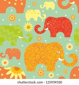 Seamless  vector floral pattern with colorful elephants 