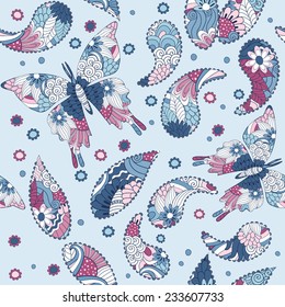 Seamless vector floral pattern with colorful fantasy butterflies and elements, pattern can be used for wallpaper, pattern fills, web page background, surface textures 