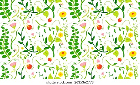Seamless vector floral pattern with colorful flowers and green leaves, ideal for decorative design projects, arts and design use.