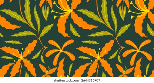 Seamless vector floral pattern with colorful flowers and green leaves, ideal for decorative design projects, arts and design use.