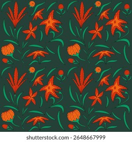 Seamless vector floral pattern with colorful flowers and green leaves, ideal for decorative design projects, arts and design use.