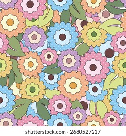 Patrón floral de Vector sin fisuras con flores y hojas dibujadas a mano de colores, fondo de estilo retro pastel, lindo diseño de primavera y verano, Fondo de pantalla de la naturaleza que se repite, papel de regalo, impresión textil