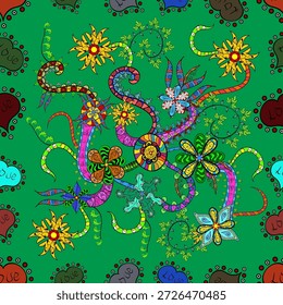 Nahtloses Vektorblumenmuster mit bunten wirbelnden Blumen und Ornamenten auf grünem Hintergrund. Helle dekorative Textur für Stoff, Tapete, Verpackung und Oberflächendesign.