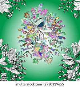 Seamless vector floral pattern with colorful butterflies and blooming flowers on green background. Bright decorative design for wallpaper, fabric, wrapping and surface prints.