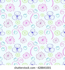 Seamless vector floral pattern. Colorful hand drawn background with different flowers and leaves. Series of Hand Drawn Seamless Patterns.