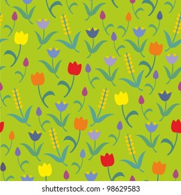 Seamless vector floral pattern with colorful tulips on green background