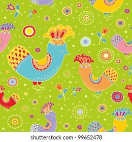 Seamless vector floral pattern with  colorful decorative birds on green background