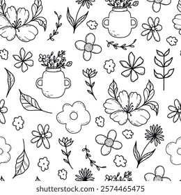 The seamless vector floral pattern consists of a variety of stylized flowers, vases and leaves in a monochrome contour design. Simple and elegant background for textiles and backgrounds