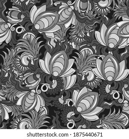seamless vector floral pattern with cosmic flowers of grey color in different shades