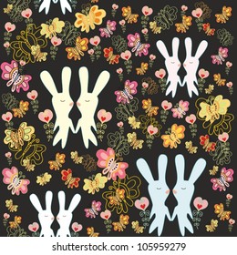 Seamless vector floral pattern with couple of rabbits on black background