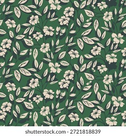 Patrón floral de Vector sin fisuras con flores cremosas, Formas frondosas audaces y fondo verde profundo. Diseño botánico inspirado en Antiguas perfecto para textiles, empaques y decoración del hogar