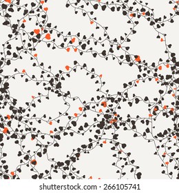 Seamless vector floral pattern of curved vines with hearts