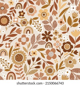 Seamless vector floral pattern with cute rainbows. Perfect for textile, wallpaper or print design. 