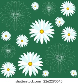 Seamless vector floral pattern, cute spring print with lovely daisies on a green background for your design