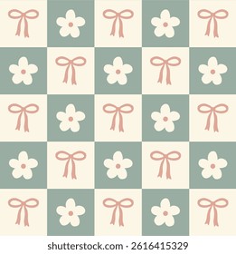 Seamless vector floral pattern with cute flowers and bows in soft pastel colors. Vector retro pattern, perfect for textile, wallpaper, scrapbooking, fabric, and surface design. Hand drawn background.