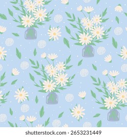 Seamless vector floral pattern. Cute, pastel blue background with romantic daisy bouquets. Soft and elegant surface design perfect for kids, girls, and dreamy spring or summer projects.