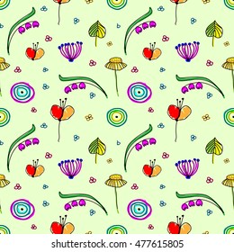 Seamless vector floral pattern. Cute hand drawn endless background with childish flowers and leaves. Series of Doodle, Cartoon and Sketch vector seamless patterns.