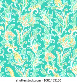 Seamless vector floral pattern with decorative ivy plants on turquoise - blue background
