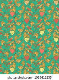 Seamless vector floral pattern with decorative  yellow - red - orange fruits - apple on green background