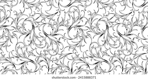Seamless vector floral pattern of decorative flexible plants, black and white background for textile,paper,wallaper