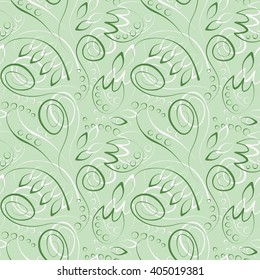 Seamless vector floral pattern. Decorative ornamental green background with flowers, leaves and decorative elements. 
