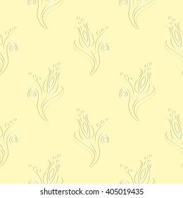 Seamless vector floral pattern. Decorative ornamental pastel yellow background with flowers, leaves and decorative elements. 