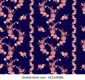 Seamless vector floral pattern with decorative pink flowers on dark blue background
