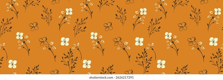 Seamless vector floral pattern with delicate hand drawn tiny stems, little leaves, and small flowers on a cadmium orange background. Elegant and minimalistic for fabrics, stationery
