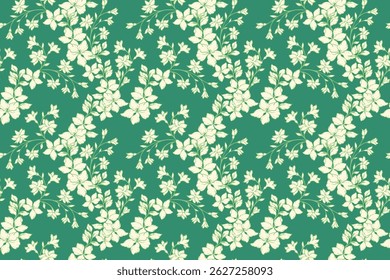 Seamless vector floral pattern with delicate flowers and thin stems on a green background. Elegant and summer or spring, nature ornament for textiles, wallpapers, invitations, packaging, decor