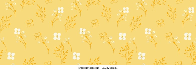 Seamless vector floral pattern with delicate hand drawn tiny stems, little leaves, and small flowers on a yellow background. Elegant and minimalistic, ideal for fabrics, stationery, wallpapers