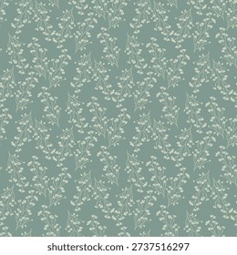Seamless vector floral pattern with delicate hand drawn branches and tiny cream blossoms on a muted green background. Elegant botanical design for textiles, wallpapers, and decor