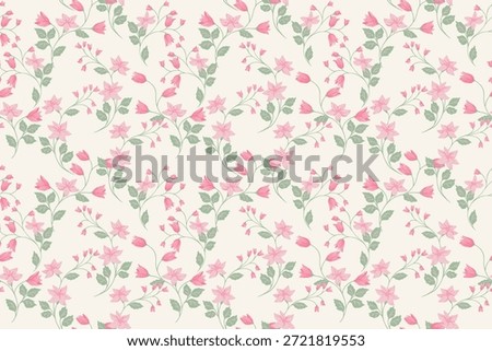 Seamless vector floral pattern with delicate pink blossoms, soft green leaves, and flowing stems on a light cream background. Elegant, romantic design for textiles, packaging, and decor