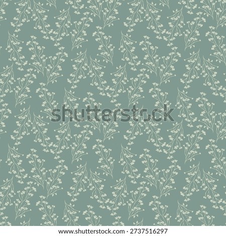 Seamless vector floral pattern with delicate hand drawn branches and tiny cream blossoms on a muted green background. Elegant botanical design for textiles, wallpapers, and decor