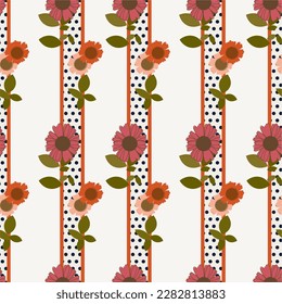Seamless vector floral pattern design with colorful traditional  flowers and polka dots. Design for print, wrapping, wallpaper