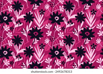 Seamless vector floral pattern with different leaves and flowers. Creative texture for fabrics, wrapping paper, textiles, clothing, interior decor. Decorative background for surfaces.