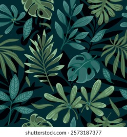 
Seamless vector floral pattern with different leaves of tropical exotic plants on dark background.