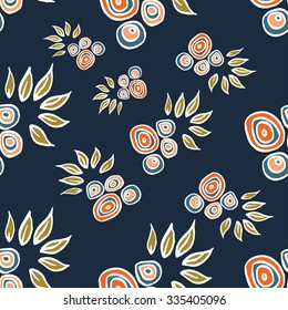 Seamless vector floral pattern with different colorful decorative elements on dark blue background. Beautiful tropic ornament with leaves and geametric elements.