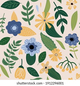 Seamless vector floral pattern. Doodle flowers, leaves and plants for fabric, textile, wallpaper. Botanical illustration