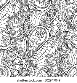 Seamless vector floral pattern doodle hand-drawn. Black-and-white abstract background for coloring.