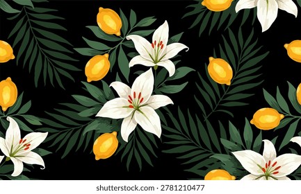 Seamless vector floral pattern. Drawing of white lily flowers, lemons, palm leaves on black background. Summer tropical design. Fashionable ornament for paper, women clothing, fabric, textile, notepad.