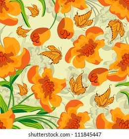 Seamless vector floral pattern. For easy making seamless pattern just drag all group into swatches bar, and use it for filling any contours.