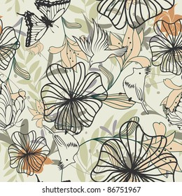 Seamless vector floral pattern. For easy making seamless pattern just drag all group into swatches bar, and use it for filling any contours.