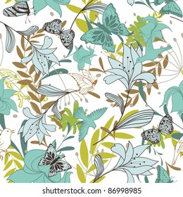 Seamless vector floral pattern. For easy making seamless pattern just drag all group into swatches bar, and use it for filling any contours.