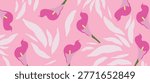 Seamless Vector Floral Pattern with Elegant Pink Calla Lilies and Abstract White Leaves on Soft Pastel Background for Textile and Wallpaper Design