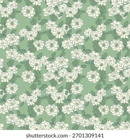 Padrão floral de vetor sem costura com flores brancas elegantes e folhas verdes em um fundo sábio silenciado. Vintage inspirou projetos para tecido, papel de parede, embalagem, e romântico ou 