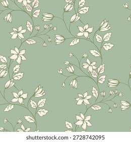 Seamless vector floral pattern with elegant wildflower branches, soft pastel blossoms and leaves. Vintage botanical design on muted green background, ideal for textiles, wallpaper, decor
