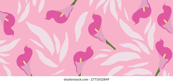 Seamless Vector Floral Pattern with Elegant Pink Calla Lilies and Abstract White Leaves on Soft Pastel Background for Textile and Wallpaper Design