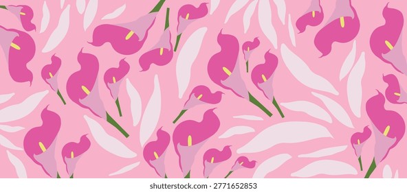 Seamless Vector Floral Pattern with Elegant Pink Calla Lilies and Abstract White Leaves on Soft Pastel Background for Textile and Wallpaper Design