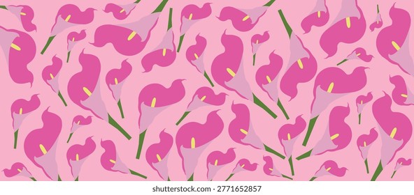 Seamless Vector Floral Pattern with Elegant Pink Calla Lilies and Abstract White Leaves on Soft Pastel Background for Textile and Wallpaper Design